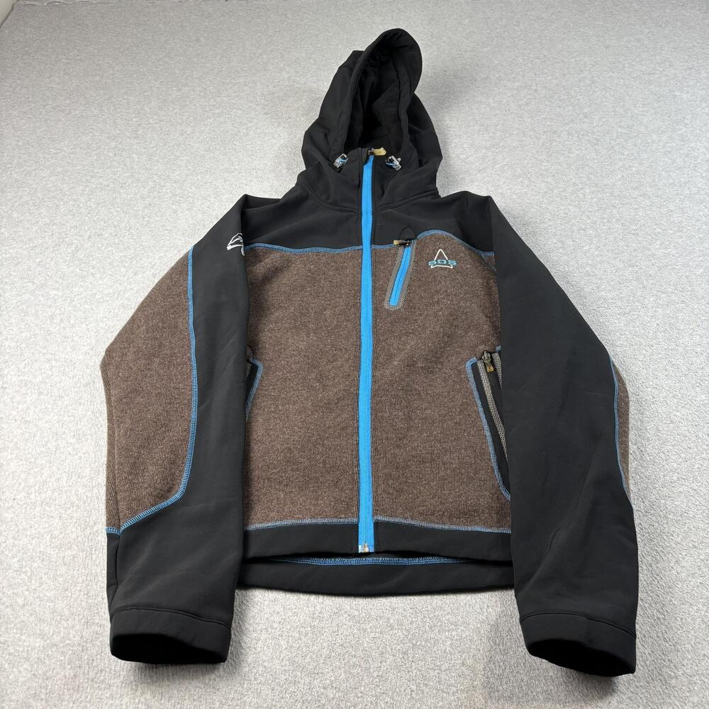 SOS Jacket Men Medium Brown Hooded Wool Blend Logo Bella Coola Heli Sport Outdoo